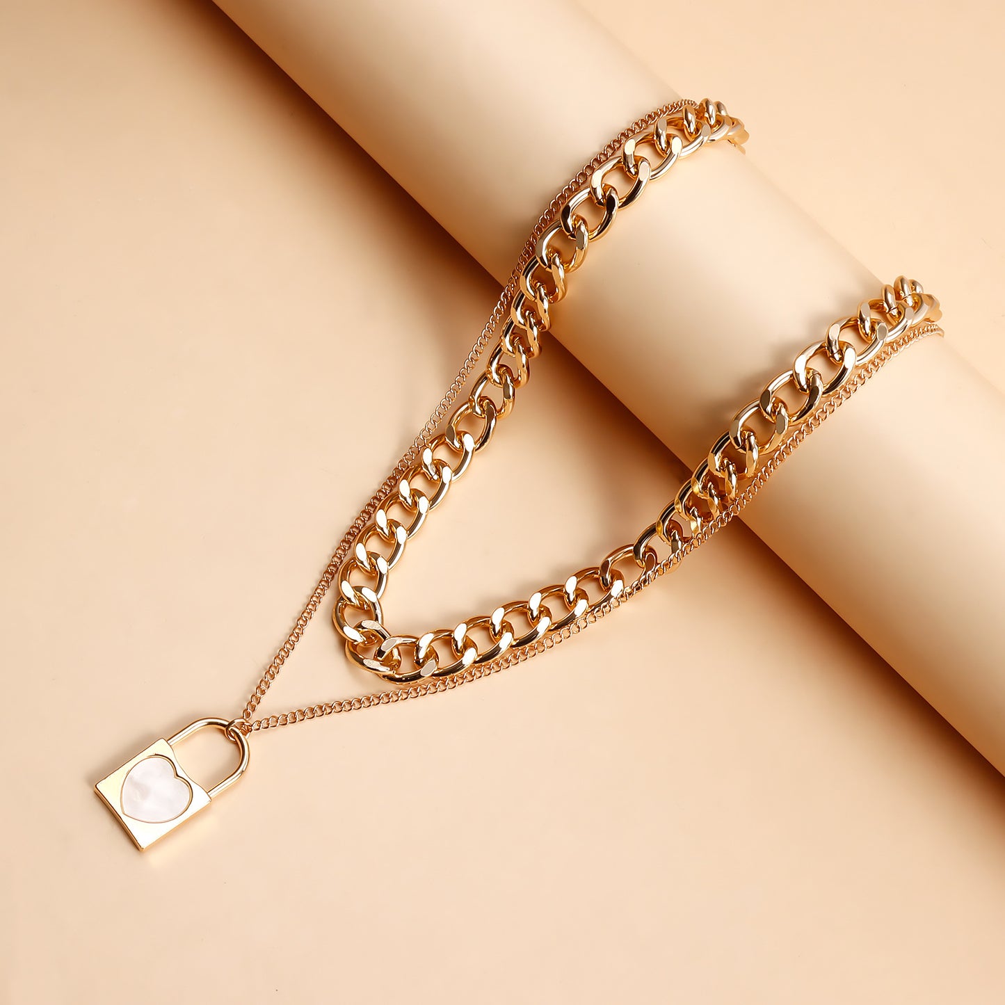 Elegant Two-Tier White Mother-of-Pearl Inspired Lock Pendant Necklace in Plated Metal with Clavicle Chain for Women
