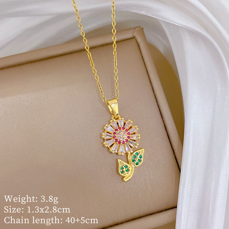 Sweet Luxury Colorful Floral Geometric Cubic Zirconia Titanium Steel Necklace for Unisex