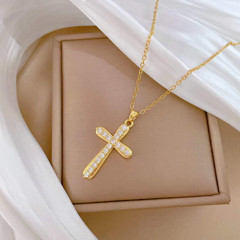 Collana di lusso fresca e dolce con ciondolo a croce geometrica in acciaio inossidabile, strass, rame, per uomo e donna