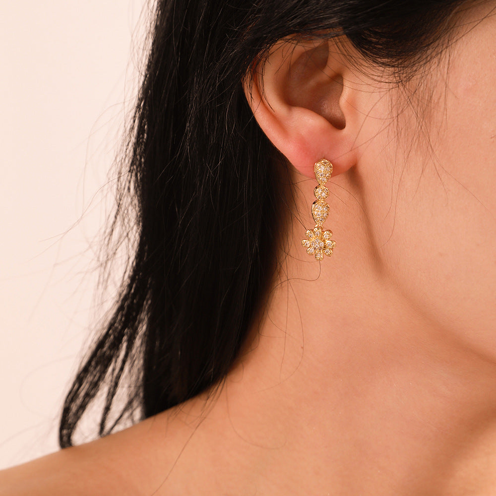 Vintage Gold Plated Brass Teardrop Floral Earrings with Cubic Zirconia