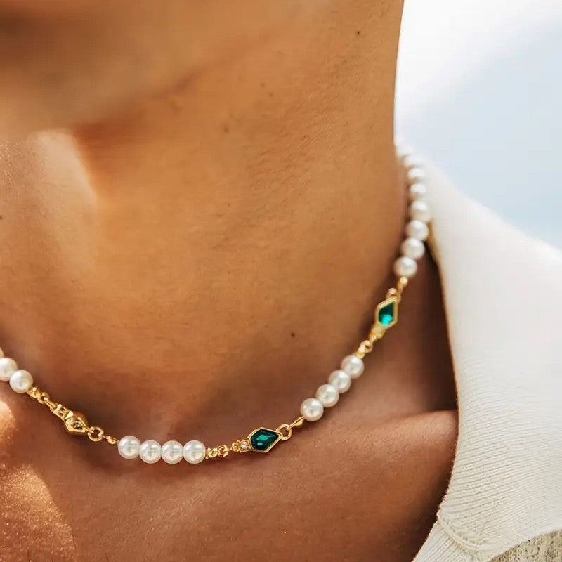 Unique Geometric Imitation Pearl Plated Ball Chain Necklace with Rhinestone Inlay for Unisex
