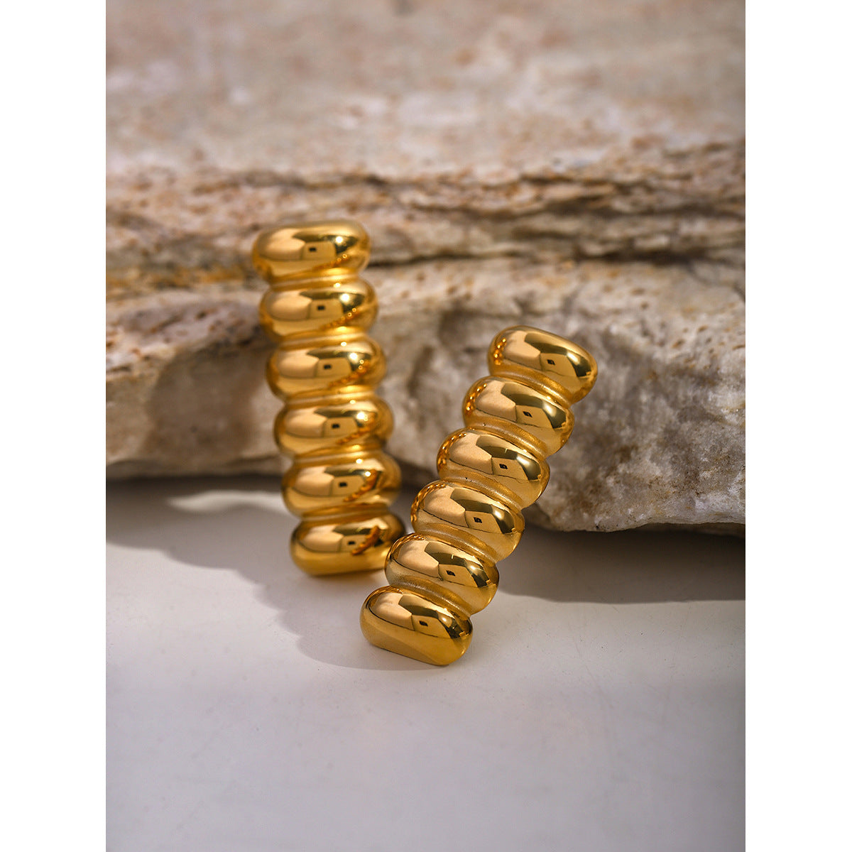 Minimalist 18K Gold Plated Stainless Steel Multi-layer Gourd Shape Earrings Unisex Studs