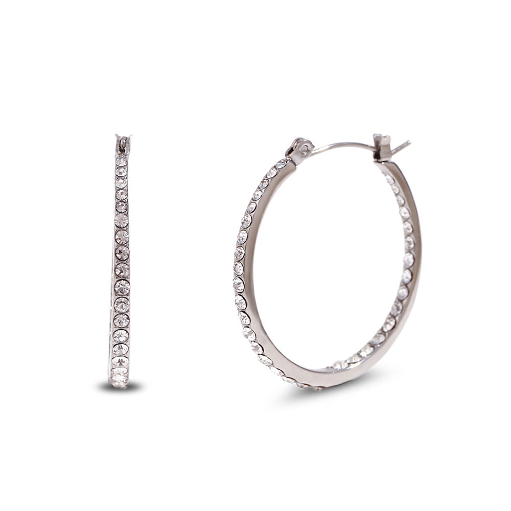 Minimalist Geometric Stainless Steel Earrings with 18K Gold Plating and White Rhinestone Inlay for Women