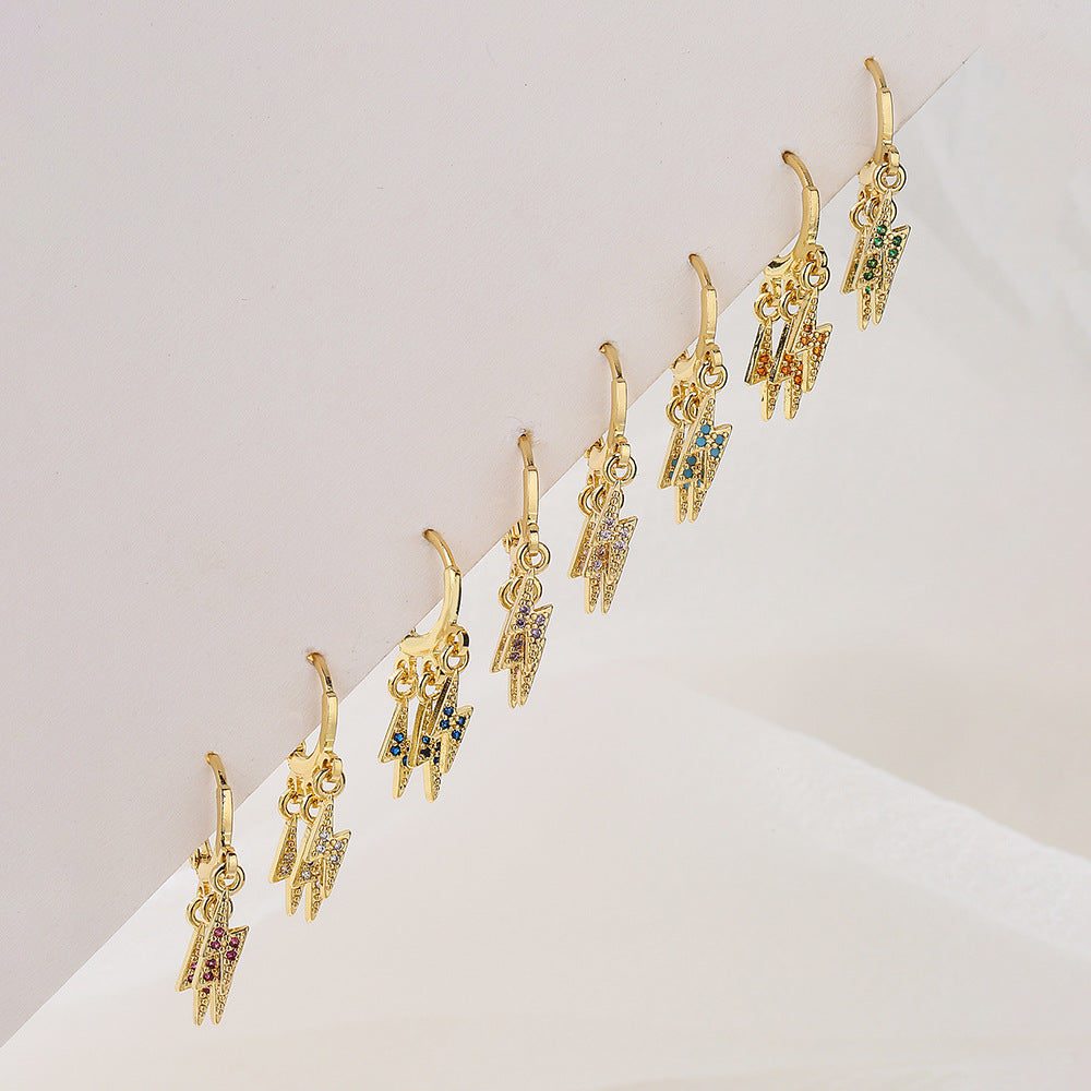 Minimalist Geometric Lightning-Shaped Earrings for Women Made of Brass with 18K Gold Plating and Zircon Inlay