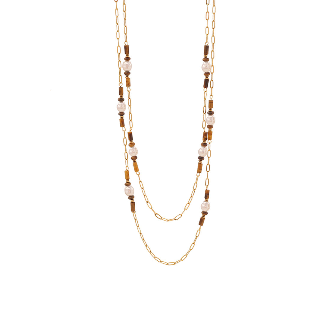 Rustic Vintage Style Heart-Shaped Stainless Steel Beaded Necklace with Double Layer Chain