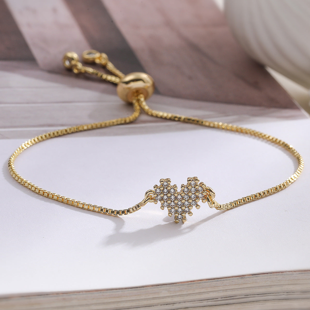 Minimalist Luxury 18K Gold Plated Brass Heart Bracelet with Cubic Zirconia for Women