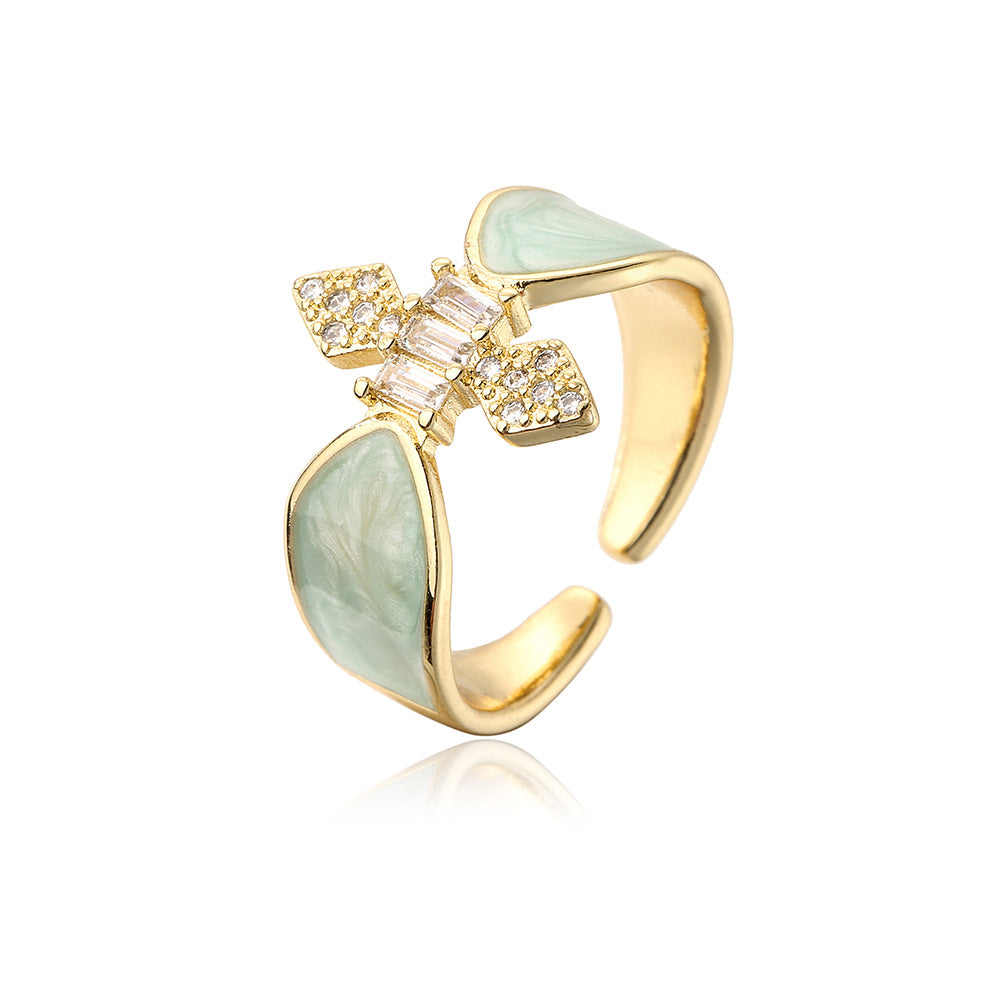 INS Style Geometric Open Ring for Women Made of Copper with 18K Gold Plating Micro-Pave Zirconia and Enamel Finish
