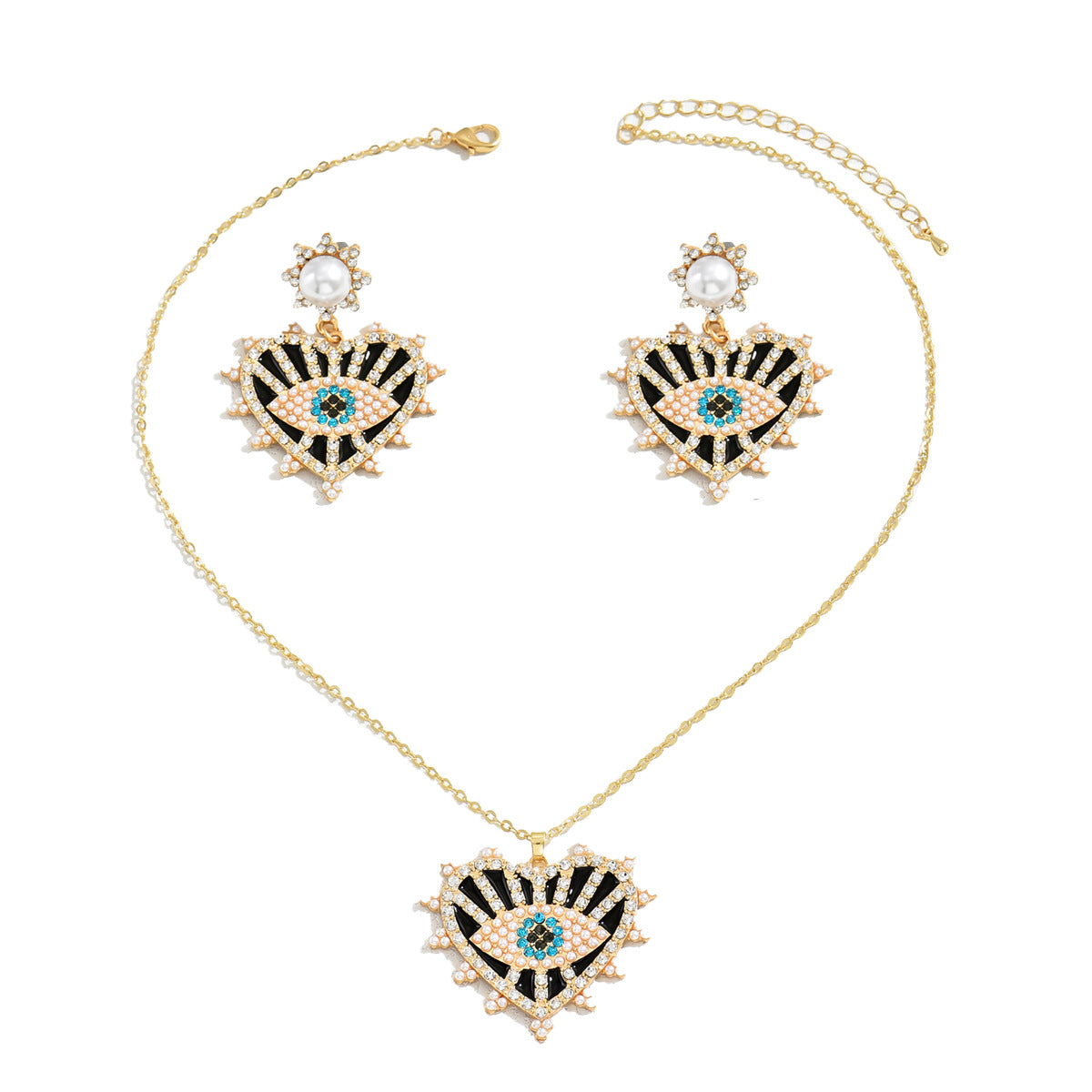 Parure di collana con pendente a occhio turco e orecchini a perno con intarsio di strass per donna, design a cuore e a goccia in lega, stile hip hop retrò