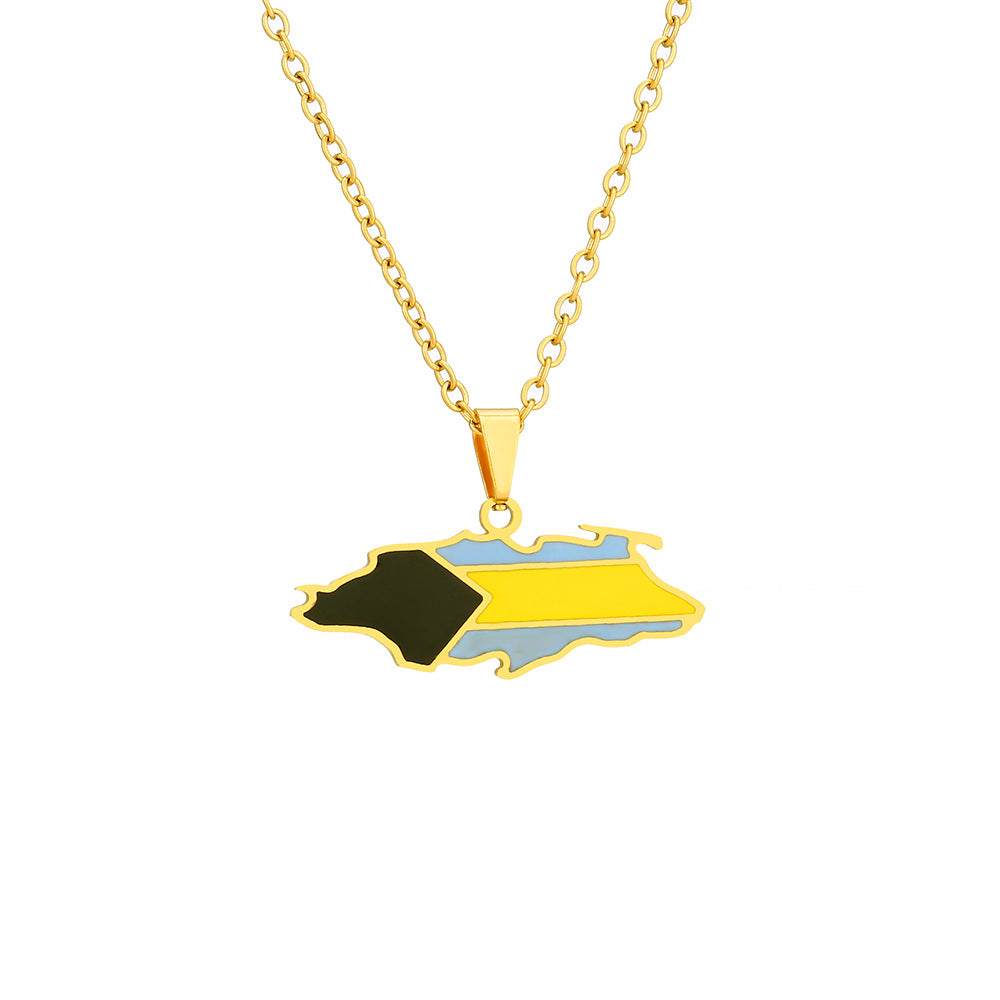 Collana pendente con mappa geometrica di Nassau (Bahamas) e bandiera, da donna, in acciaio inossidabile con finitura placcata, stile catena a O