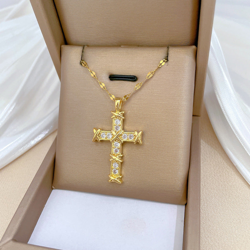 Collana Girocollo Lusso in Acciaio al Titanio con Strass a Croce Unisex
