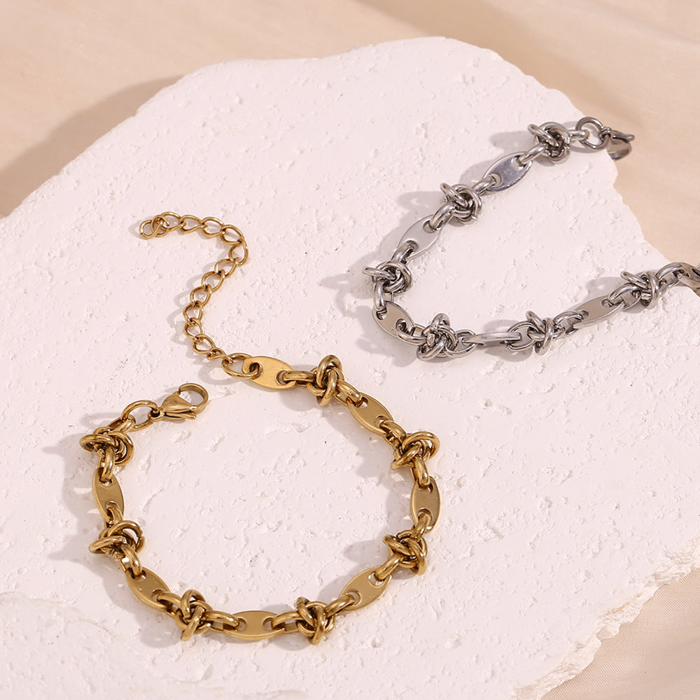 Fashionable Geometric Stainless Steel Plated 14K Gold Coffee Bean Knot Handcrafted Bracelet for Women