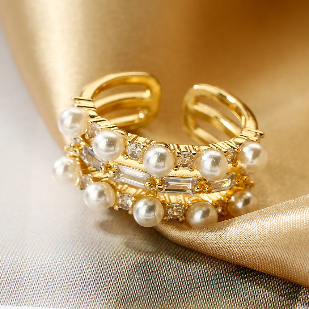 Geometric Open Ring for Women with Copper Base Plated in Real Gold Micro-Paved Zirconia and Pearl Accents