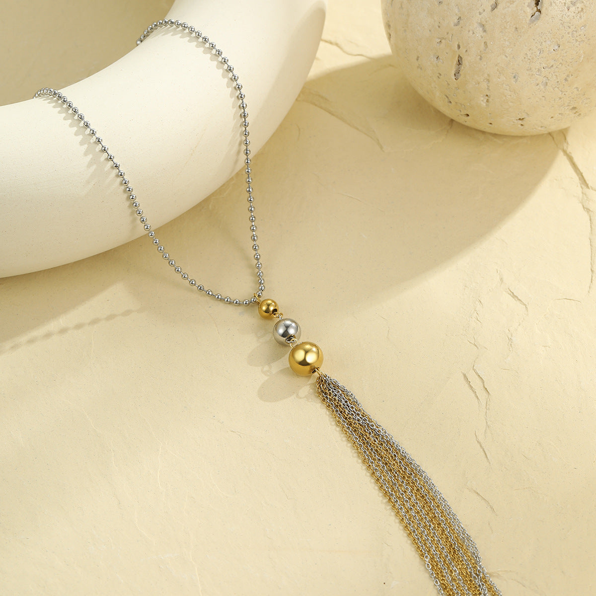Fashionable OL Style Geometric Bead Necklace with Y-Shape Chain Stainless Steel Plated 18K Gold Tone Locket Necklace for Women