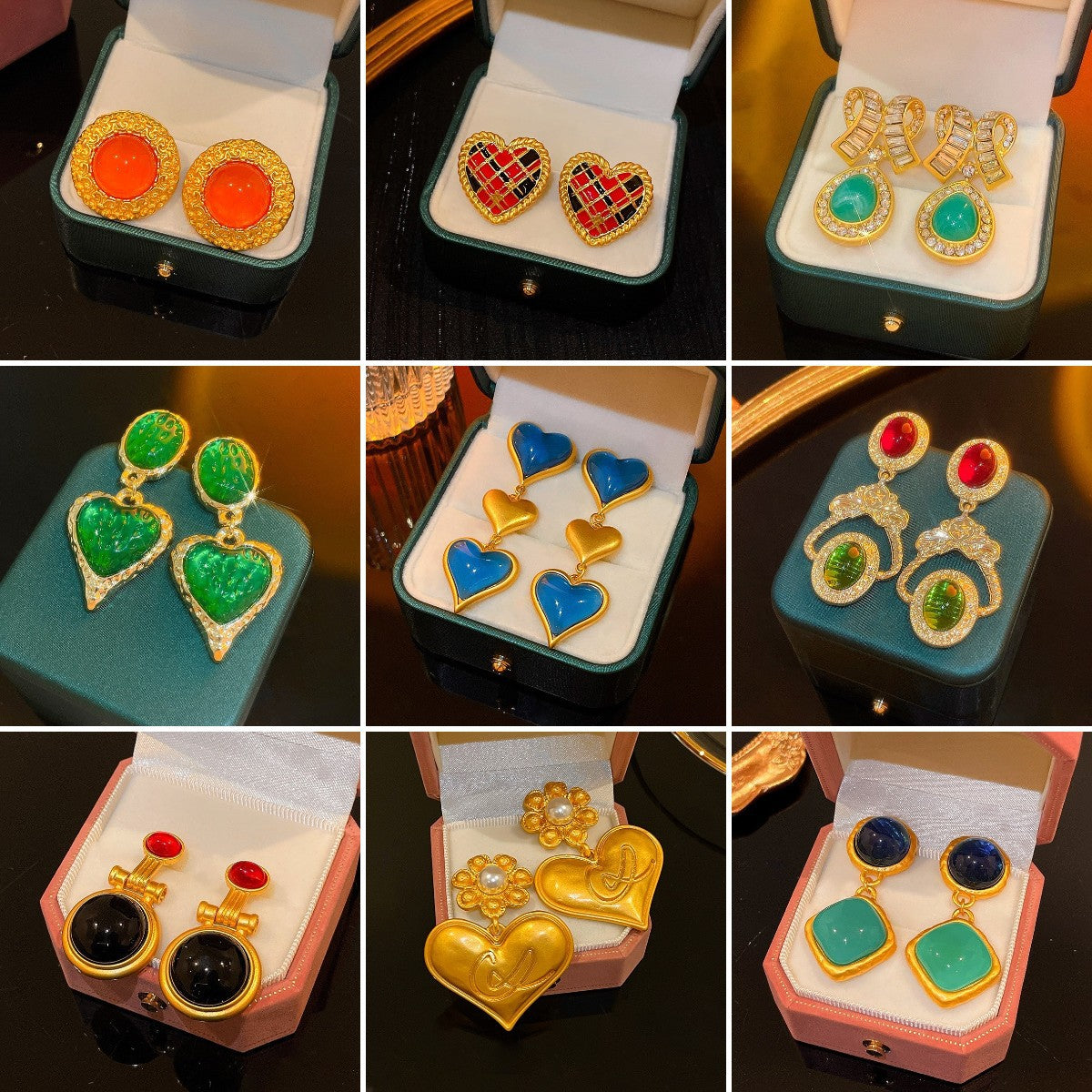 Orecchini a perno da donna in resina a forma di cuore stile vintage con perni in acciaio placcato oro