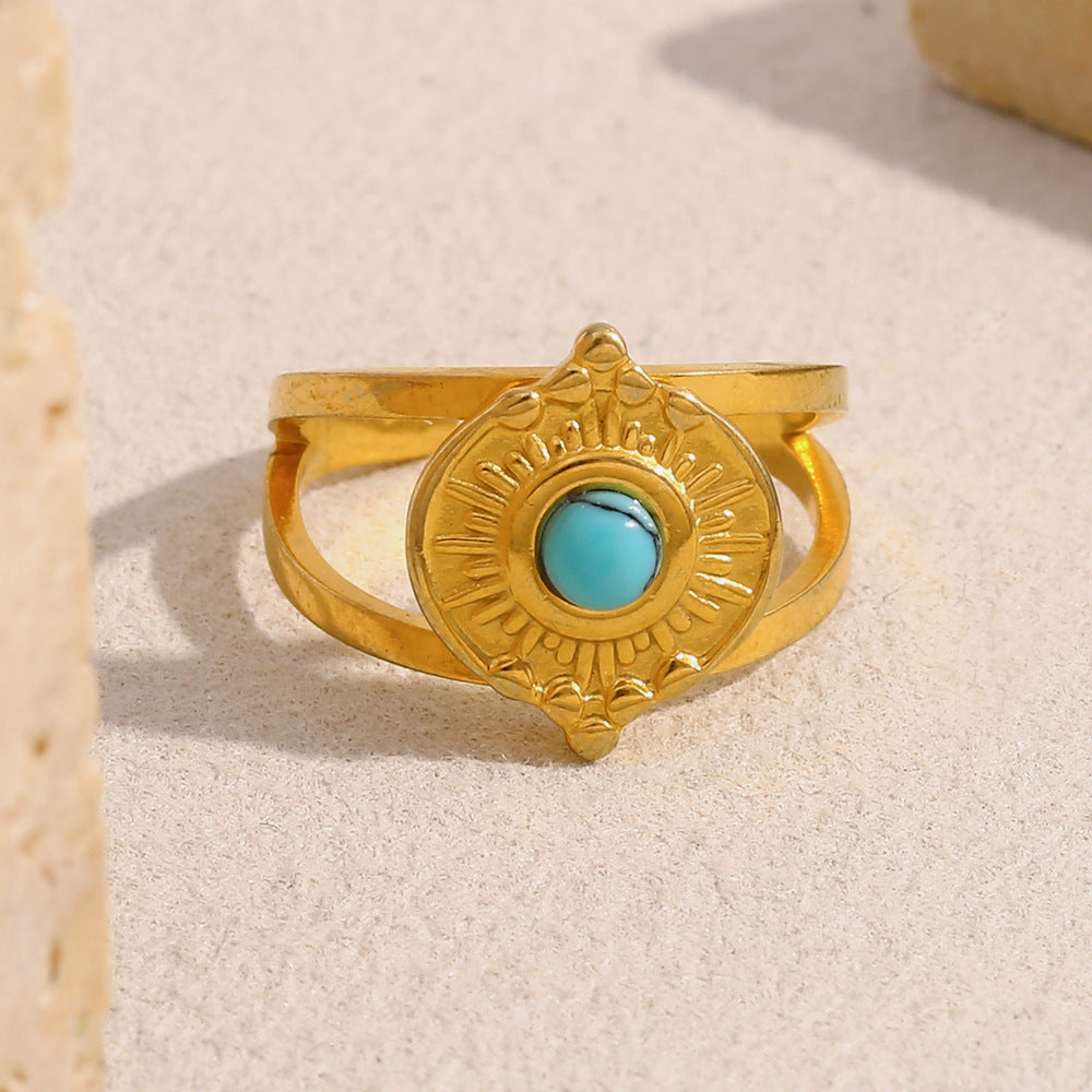 Anello da Donna Aperto a Fascia Stile Retrò Turchese Geometrico in Acciaio Inossidabile Placcato Oro 18K