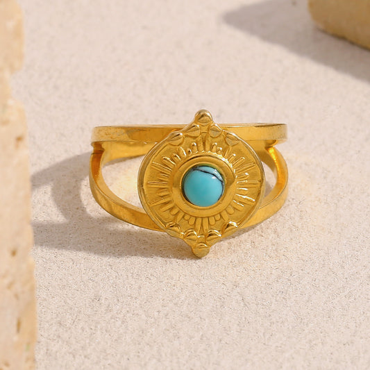 Vintage Court Style Geometric Turquoise Sun Open Ring in Stainless Steel with 18K Gold Plating for Women