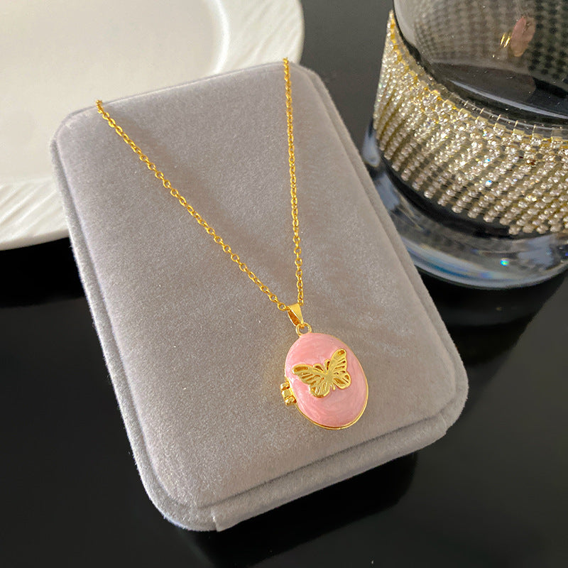 Vintage Enamel Drip Oil Oval Heart Brass Pendant Titanium Steel Necklace Cable Chain