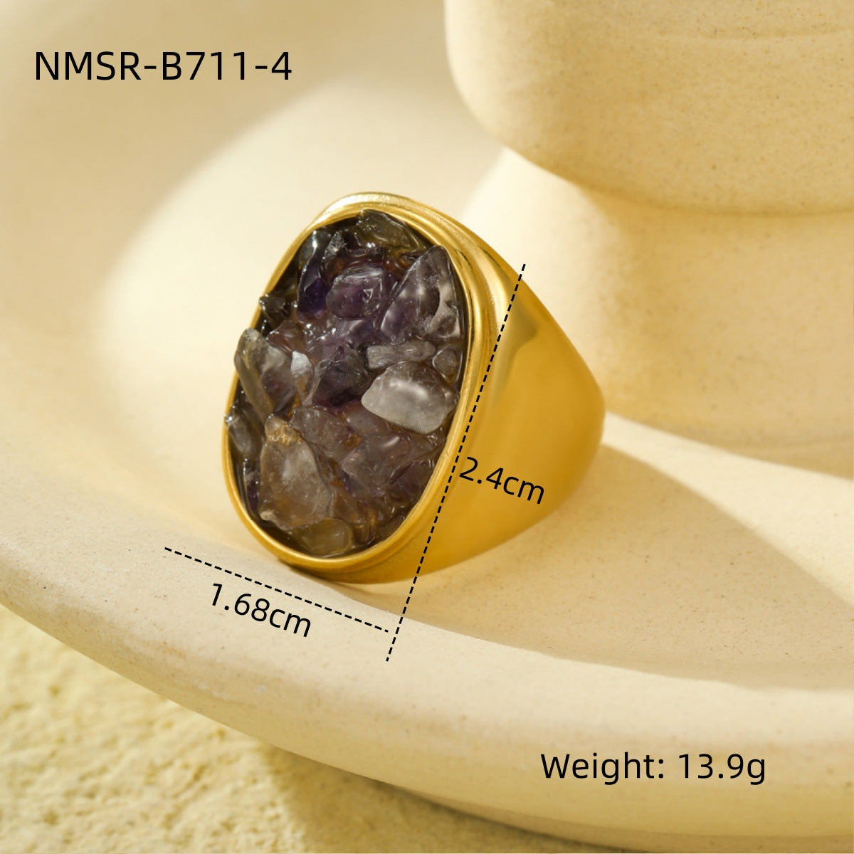 Anillo de Acero Inoxidable Geométrico Minimalista Vintage con Incrustaciones de Piedra Natural Bañado para Mujer