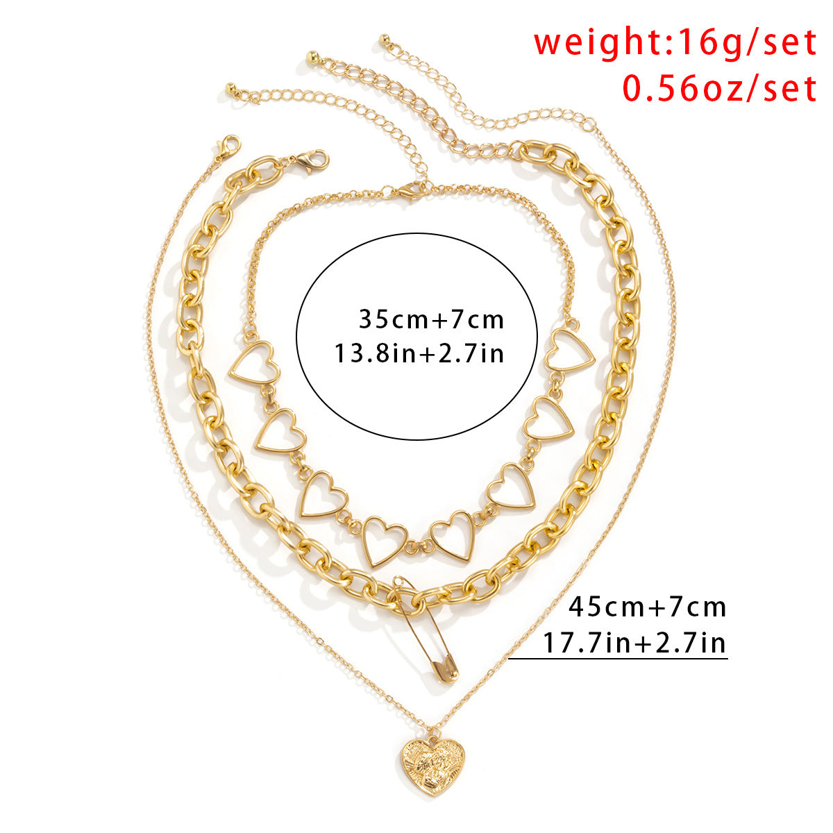 Hip-hop Sweet Geometric Heart Engraved Zinc Alloy Pendant Multi-layer Necklace with Iron Chain