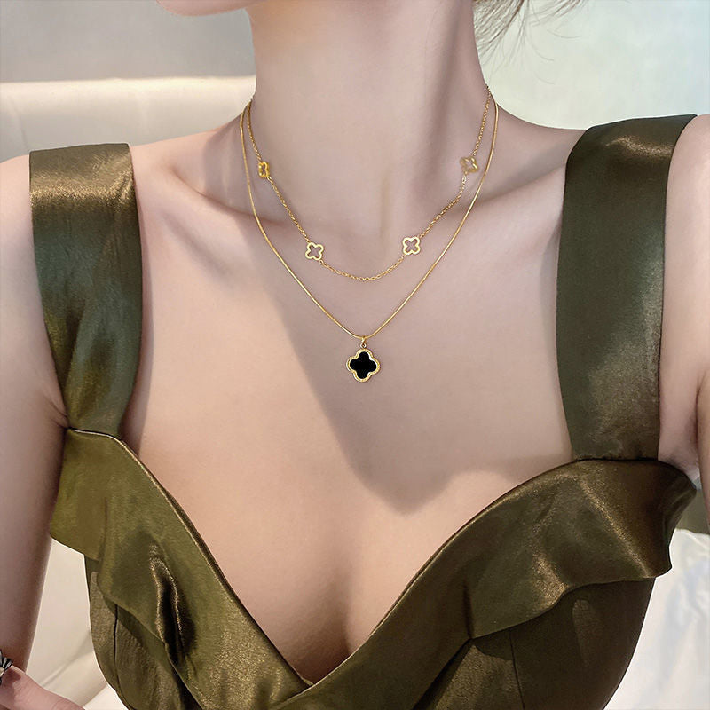 Minimalist Clover Pendant Necklace for Women in Titanium Steel with Gold Plating on O-Chain Adjustable Layered Locket Style