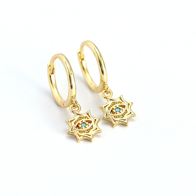 Orecchini a cerchio minimalisti unisex in argento sterling 925 con design geometrico a stella, occhio turco e zirconi cubici placcati