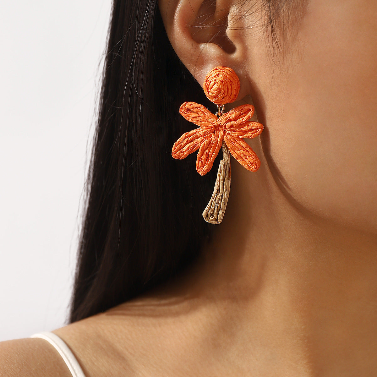 Summer Vacation Style Woven Raffia Coconut Tree Earrings for Women with Alloy Base and Handmade Craftsmanship