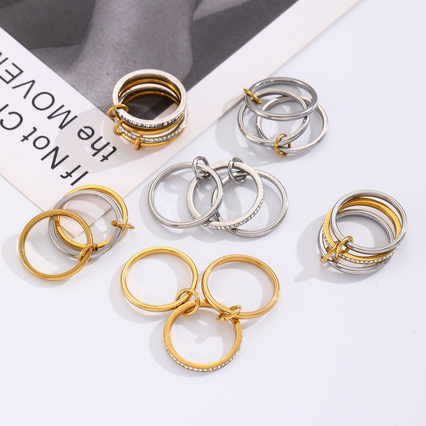 Two-Tone Geometric Stainless Steel Ring with Cubic Zirconia Plating for Women