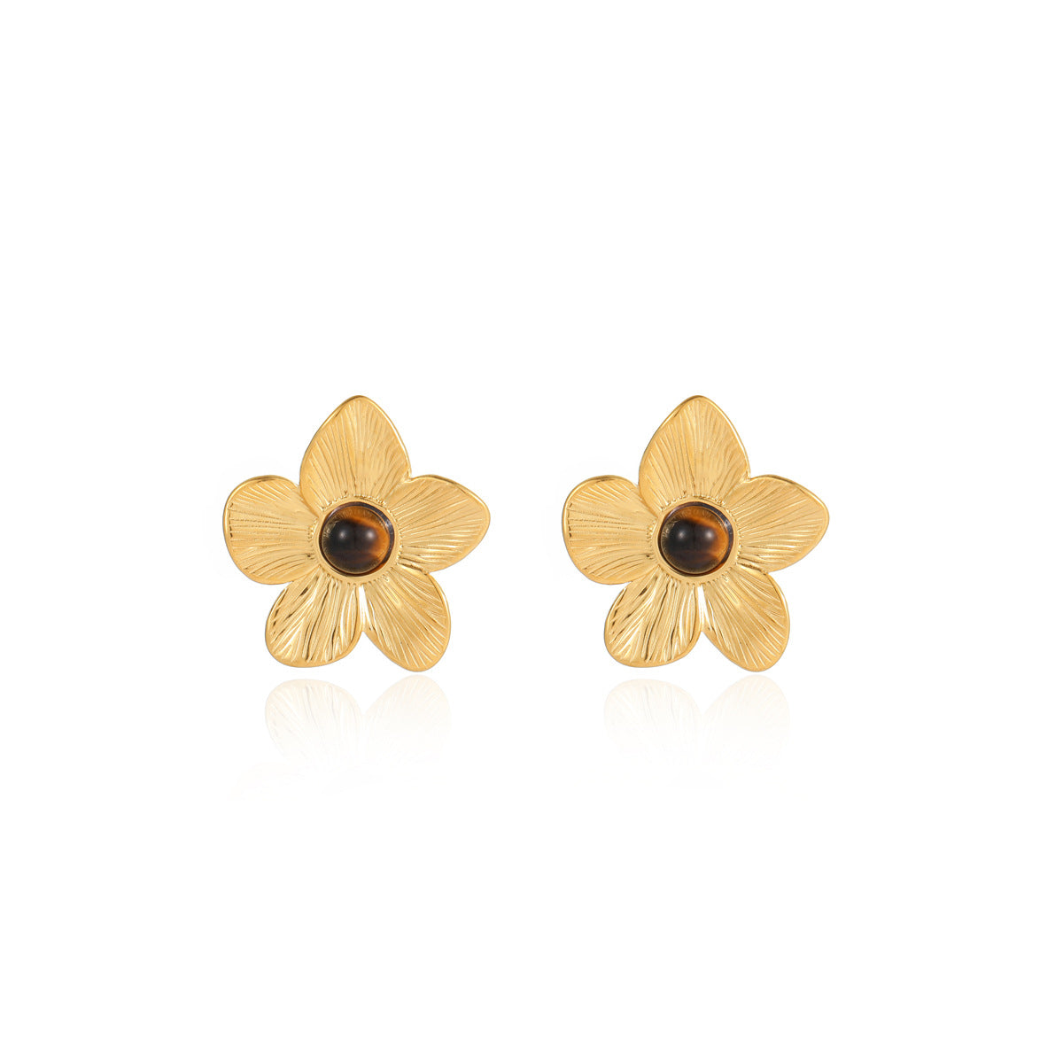 Pendientes de Acero Inoxidable con Forma de Flor Estilo Francés Vintage, Baño de Oro de 18K e Incrustaciones de Ojo de Tigre para Mujer