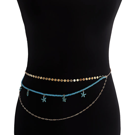 Bohemian Punk Multi-Layer Turquoise Starfish Pendant Waist Chain for Women
