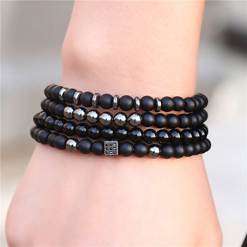 Unique Geometric Cross Crown Hematite Beaded Bracelet Set with Cubic Zirconia for Men and Women