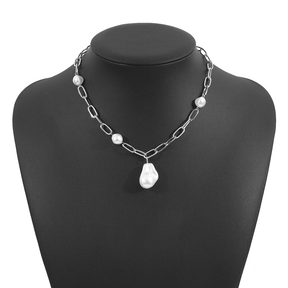 Collana Pendente Geometrica Minimalista con Base in Lega e Intarsio in Perla Finta, Catenina Clavicola in Acciaio al Titanio Placcato per Donne