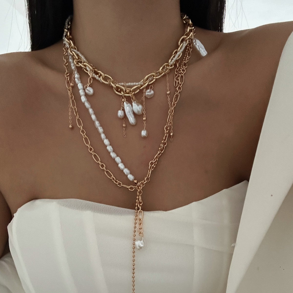 Luxury Casual Asymmetric Teardrop Alloy Plated Y-Necklace with Baroque Pearl and Tassel for Women