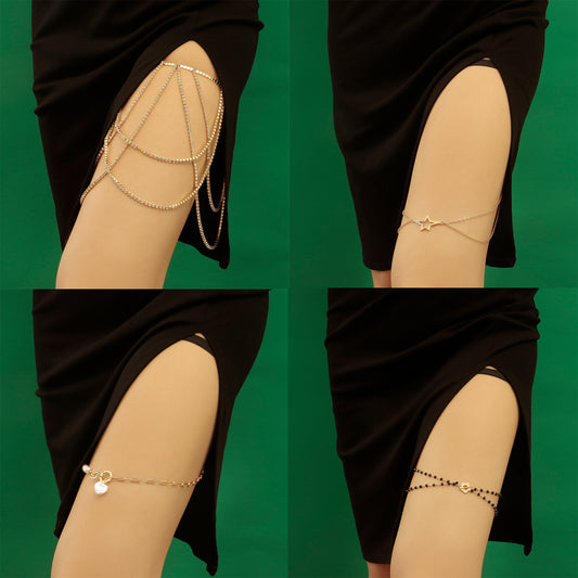 Cadena de pierna playera casual dulce y atrevida con diamantes de imitación para mujer con banda elástica y detalles de perlas simuladas de diseño geométrico