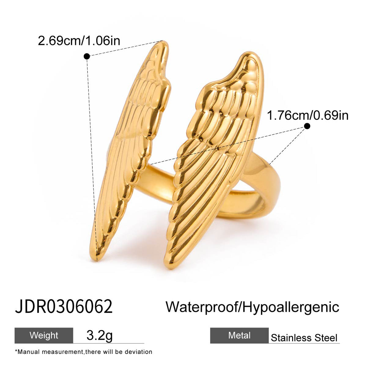 Anillo de acero de titanio con forma de ala geométrica para mujer con acabado chapado, joyería de moda minimalista