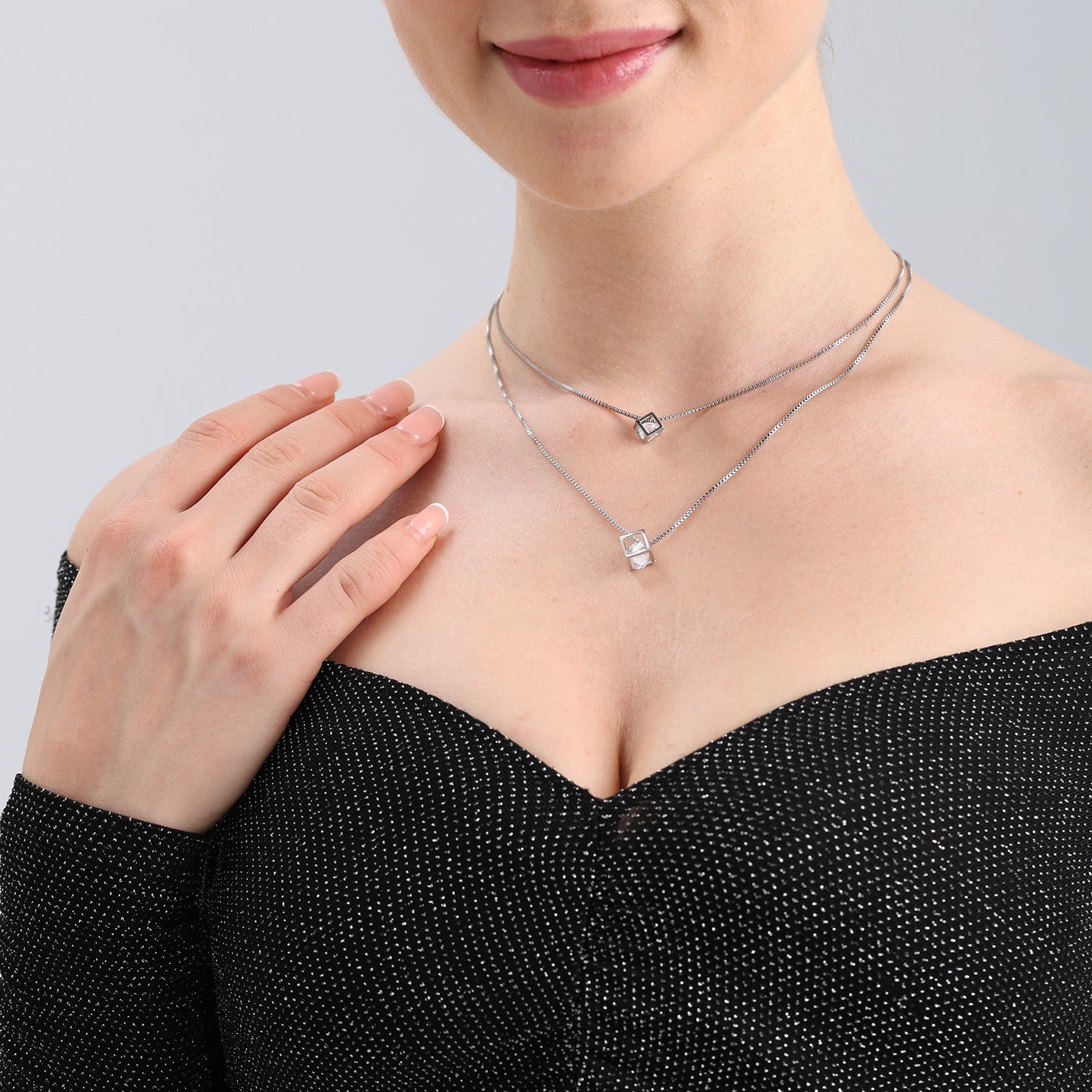 Geometric Cube Pendant Necklace for Women with Zircon Inlay on Double-Layer Alloy Box Chain with Plated Finish