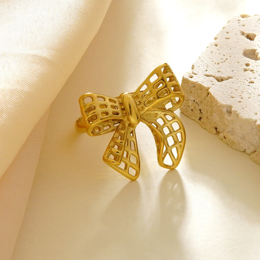 Minimalist Stainless Steel Plated Hollow Bow Ring for Unisex