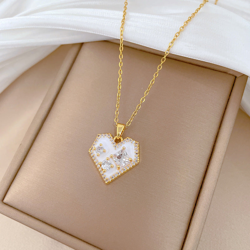 Sweet Elegant Heart Drip Oil Cubic Zirconia Titanium Steel Necklace for Unisex