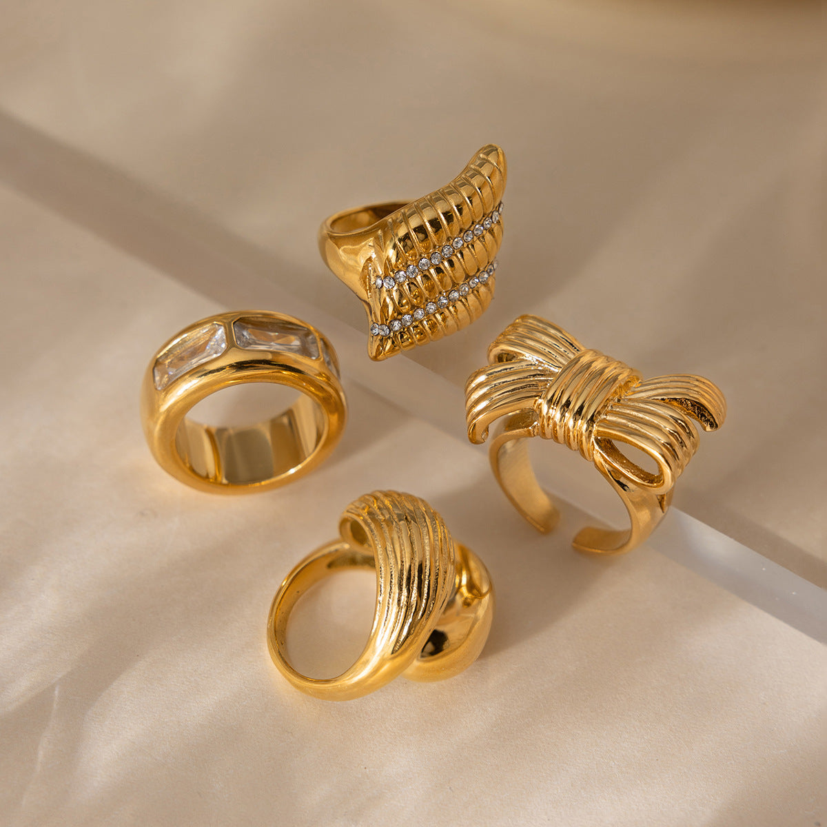 Elegant Geometric Stainless Steel Ring with Cubic Zirconia and Bow Knot PVD Gold Plated for Women