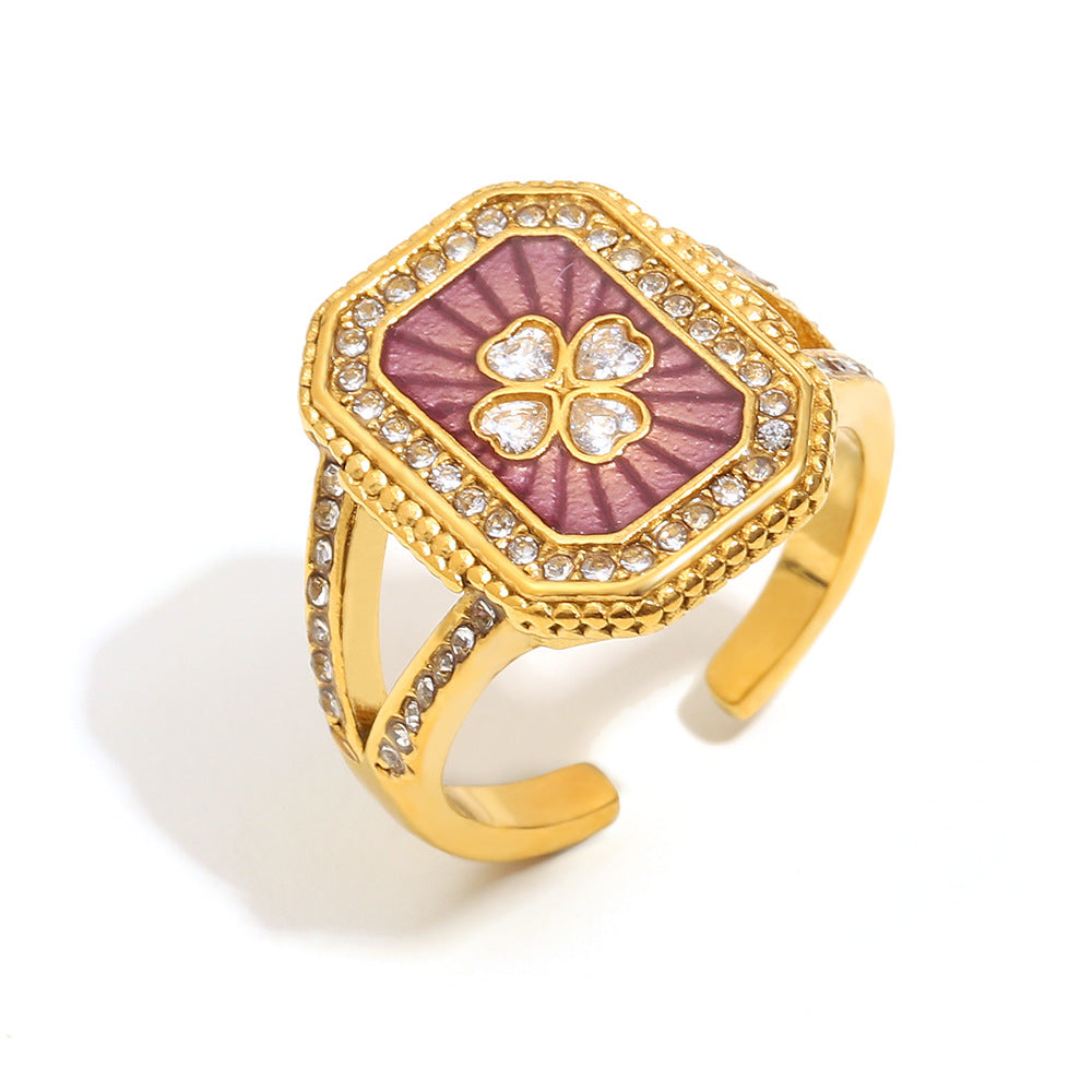 Anello da donna in acciaio inossidabile con placcatura in oro 18 carati e finitura smaltata, stile geometrico francese vintage