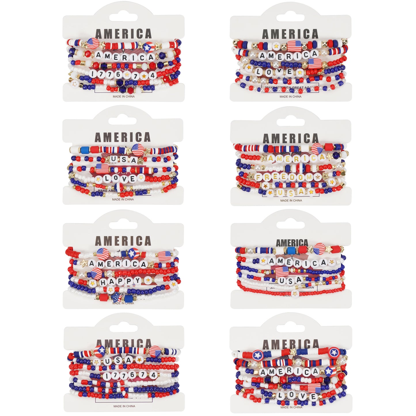 Bracciale Geometrico con Perline di Vetro Unisex con Charm Bandiera Americana Festa dell'Indipendenza