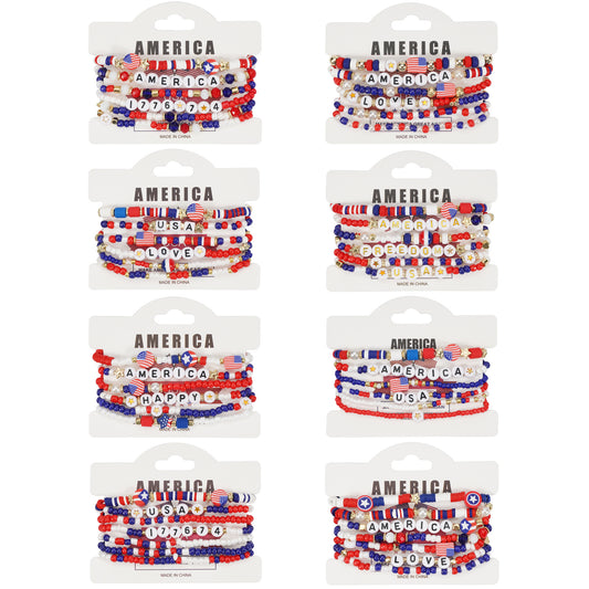 Bracciale Geometrico con Perline di Vetro Unisex con Charm Bandiera Americana Festa dell'Indipendenza