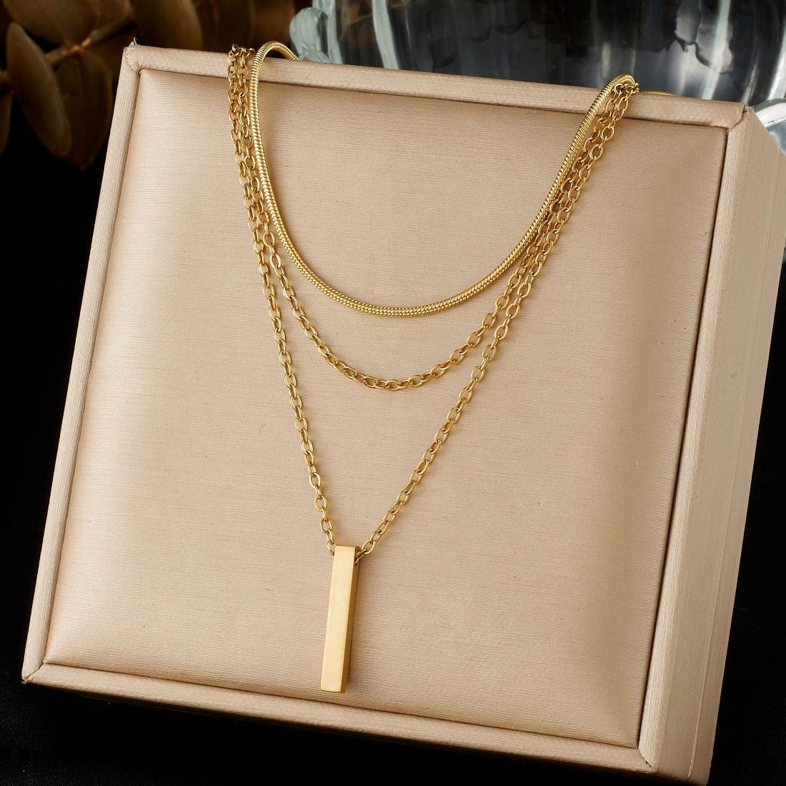 Minimalist Geometric Bar Pendant Gold Plated Stainless Steel Layered Necklace for Women