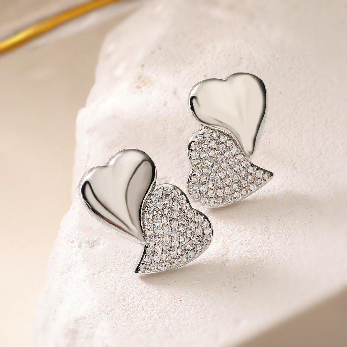 Minimalist Heart-Shaped Copper Earrings with 18K Gold Plating and Zircon Accents for Women