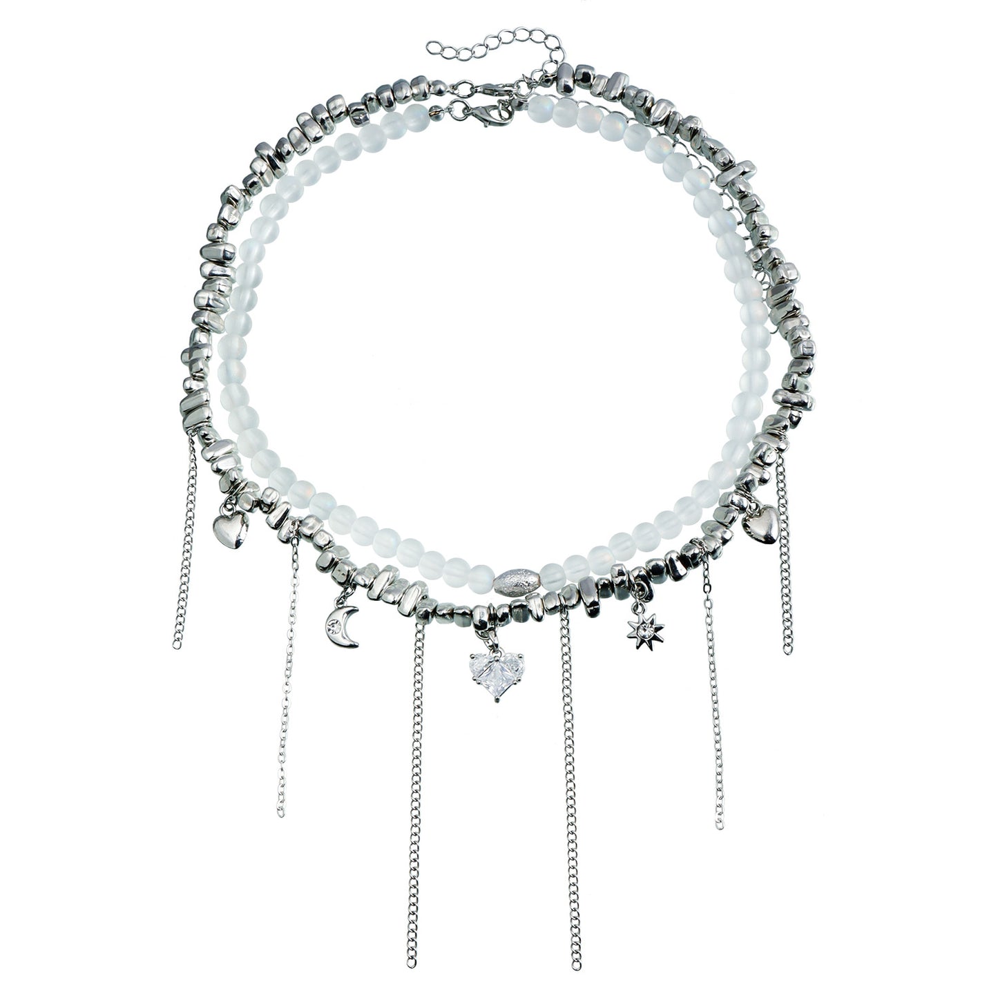 Collana con Pendente a Cuore di Moda con Accenti di Zirconi e Dettaglio Nappa per Donne, Perle di Vetro su Catena alla Clavicola