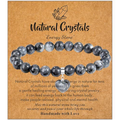 Minimalist 8mm Crystal Beaded Bracelet with Heart Pendant Polished Rose Quartz Rhodonite Elastic String