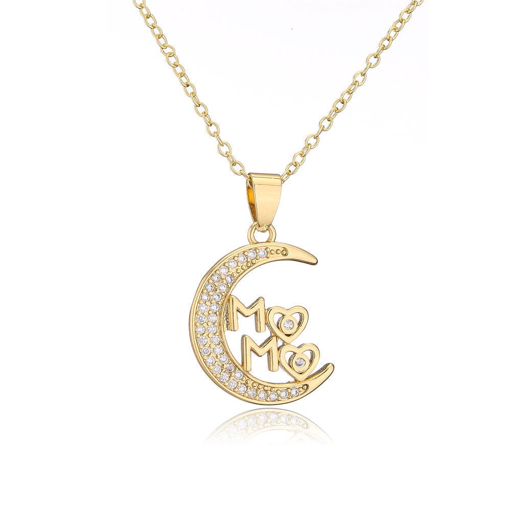 Geometric Star and Moon MAMA Pendant Necklace for Women in Copper with 18K Gold Plating and Zircon Inlay