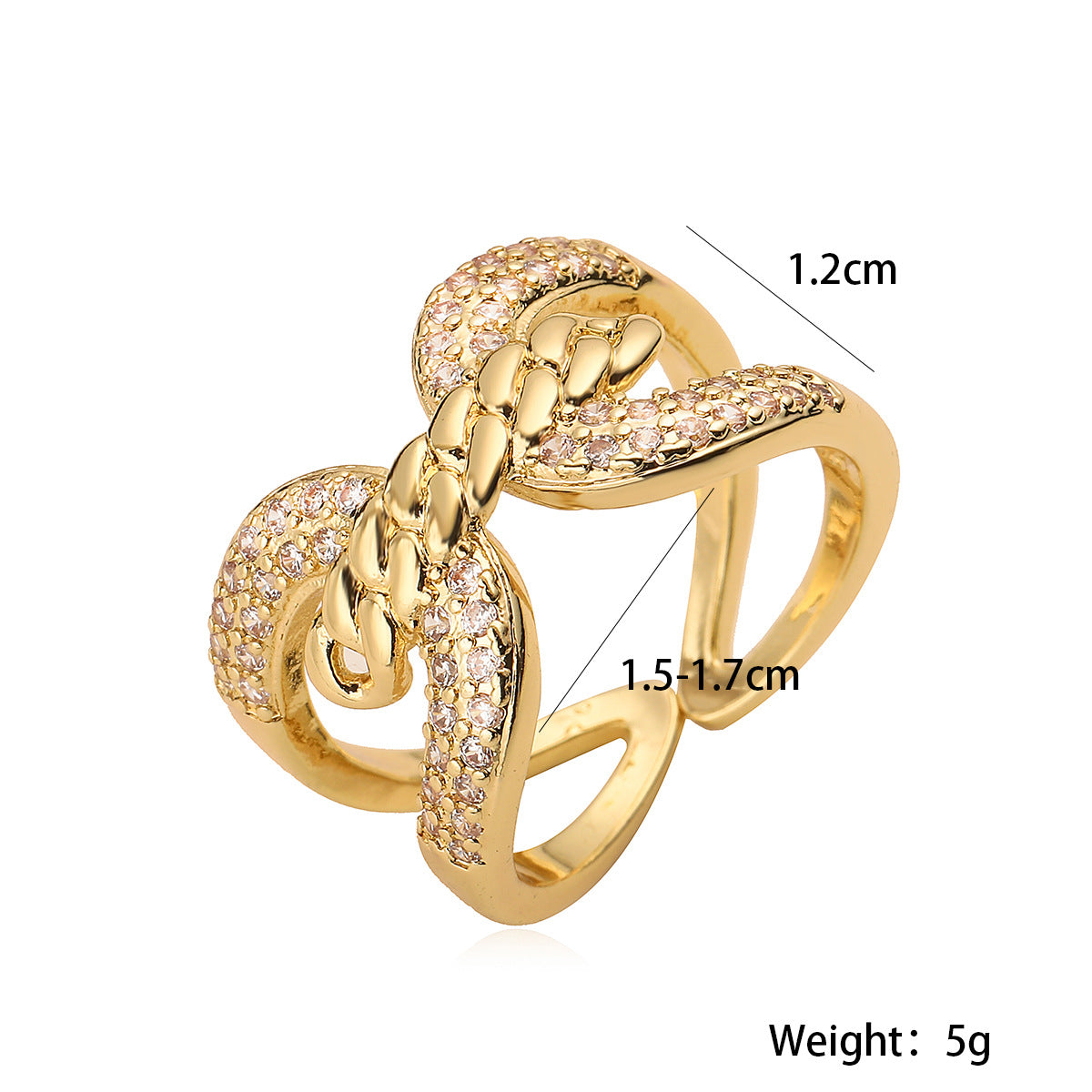 Anello Aperto Geometrico Minimalista da Donna in Rame con Placcatura in Oro 18K e Intarsio di Zirconi