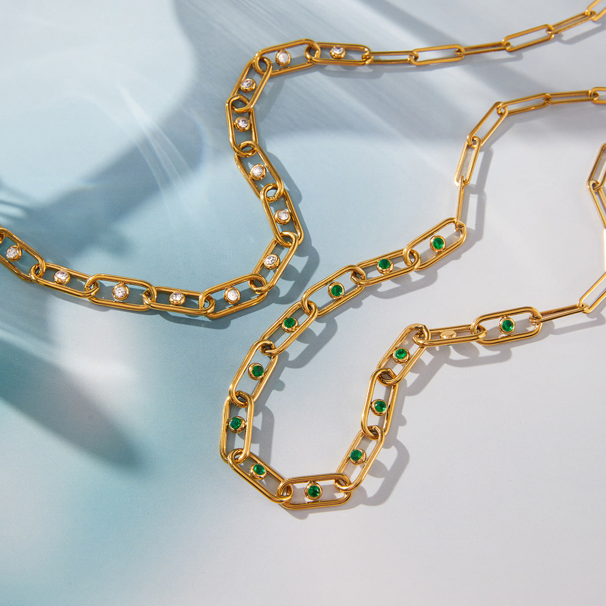 Minimalist Green Rhinestone Geometric Round Stainless Steel PVD Necklace for Women