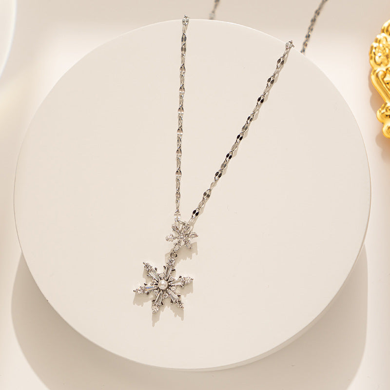 Minimalist Hexagram Pearl Snowflake Necklace in Titanium Steel with Gold Plating, Hypoallergenic Locket Chain for Women