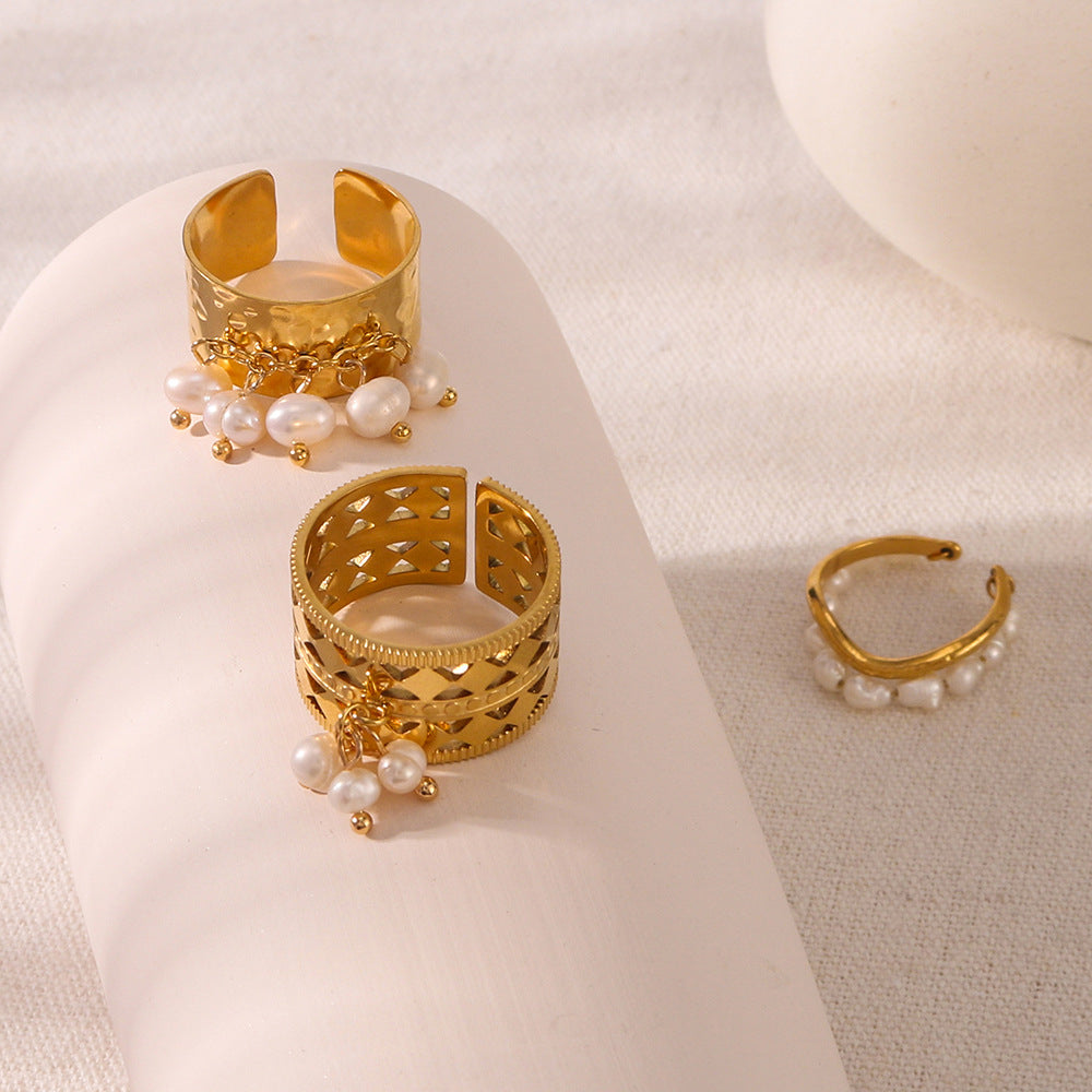 Vintage French Style Geometric Pearl Pendant Stainless Steel Ring with 18K Gold Plating Adjustable Opening Design